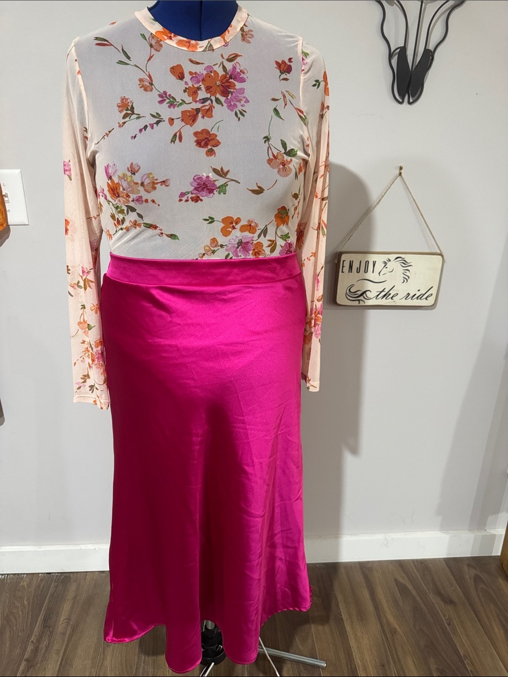 Impressions Fuchsia Satin Midi Skirt